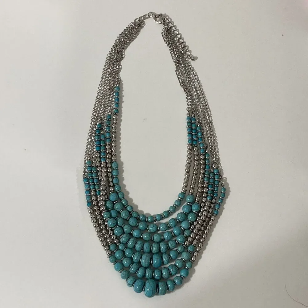 Turquoise Blue 7 Row Multi Layered Necklace Silver Tone Round Beads Chain